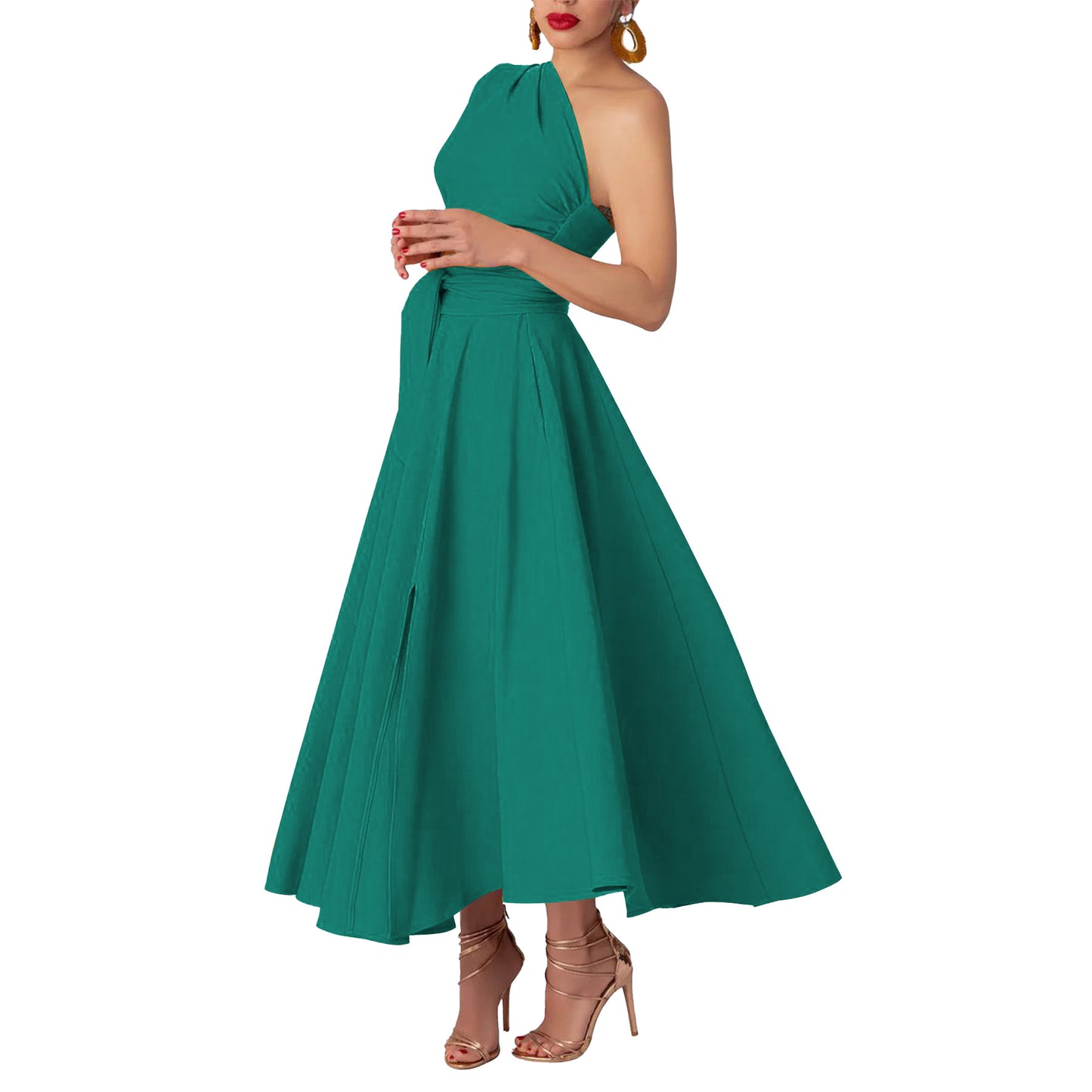 MYF (S-2XL) summer sleeveless diagonal collar waist-controlled large hem dress