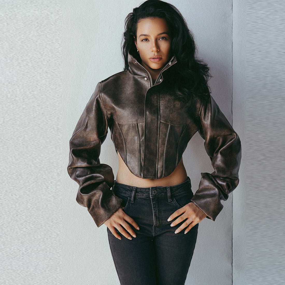 SXR autumn and winter slimming high collar solid color zipper short pu leather coat