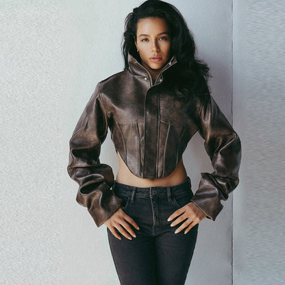 SXR autumn and winter slimming high collar solid color zipper short pu leather coat