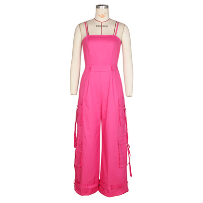 (S-2XL) ZSC tube top multi-pocket workwear jumpsuit wide leg jumpsuit