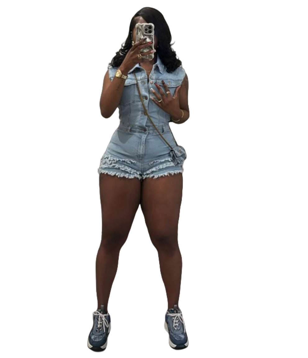 MZ (S-2XL) stretch denim MZ88645 denim sleeveless slim jumpsuit