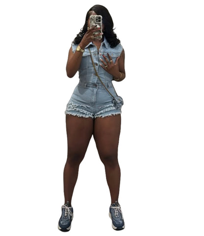 MZ (S-2XL) stretch denim MZ88645 denim sleeveless slim jumpsuit