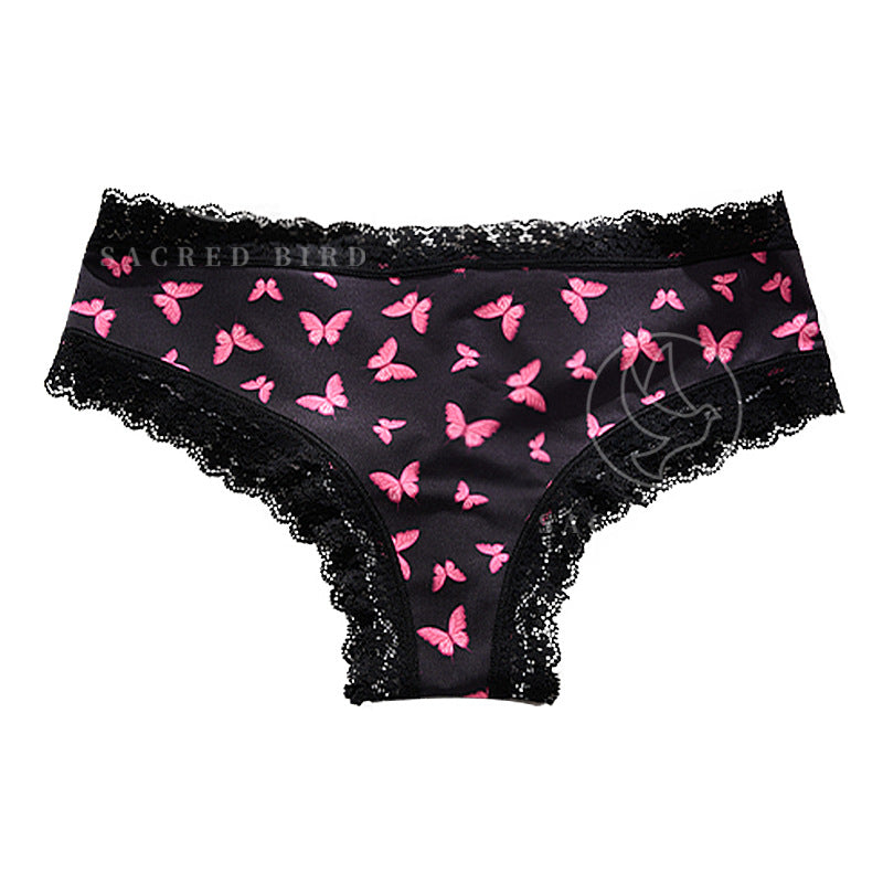 Lace edge stitching Ice Silk thin quick-drying butterfly printing large size low waist classic briefs