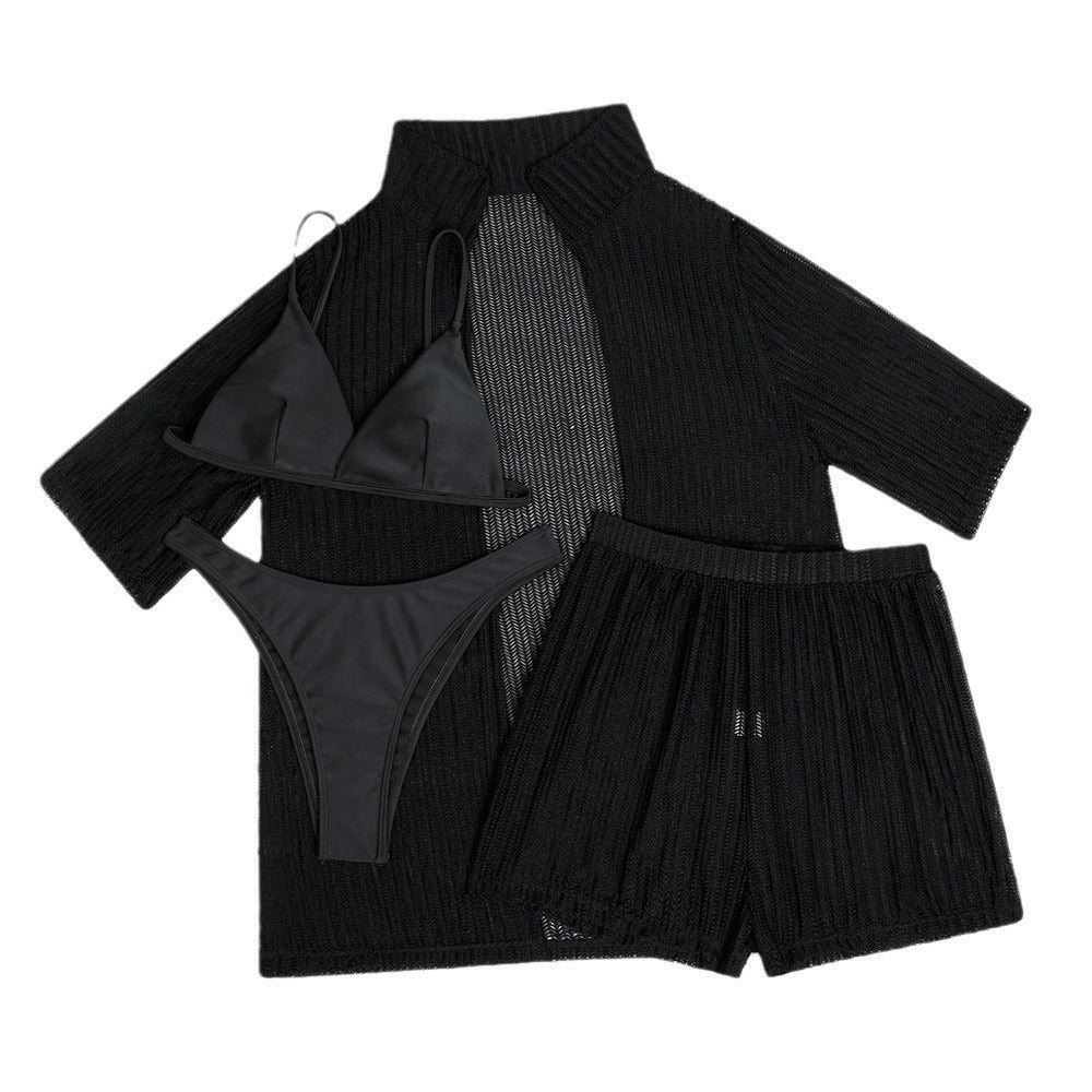 (4 days ready to ship) SY beach sun protection gauzy shirt shorts four-piece swimsuit