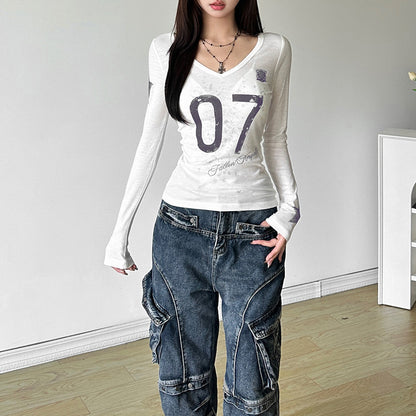 SXR autumn see-through V-neck printed long-sleeved T-shirt top