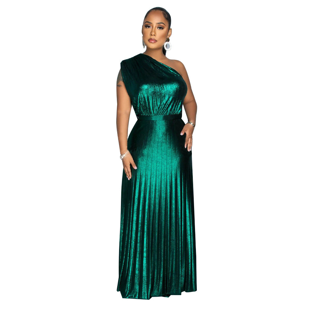 MYF (S-2XL) K10693 diagonal collar sleeveless pleated dress