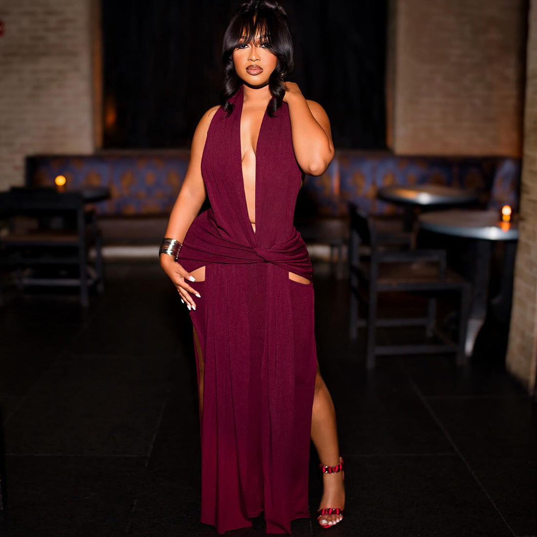 SXR winter fashion halter deep V-neck backless split solid color dress