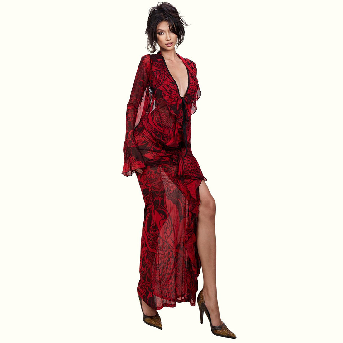 DLS Spring vintage lace bell sleeve sexy deep V-neck slightly transparent high slit skirt suit