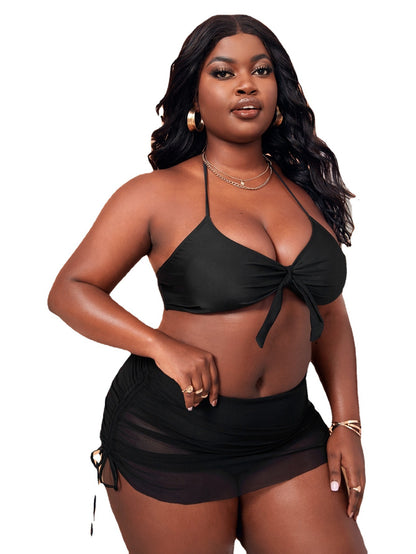 LF (L-4XL) women's split solid color black swimsuit plus size