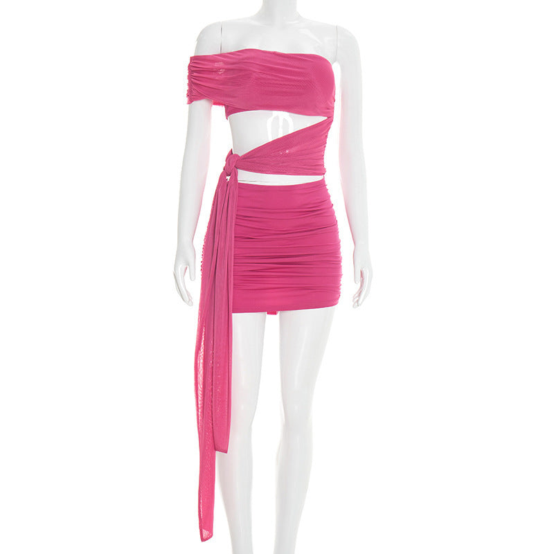 DZHT D26DS051 off-shoulder mesh hollow tied dress
