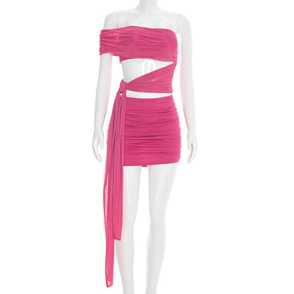 DZHT D26DS051 off-shoulder mesh hollow tied dress
