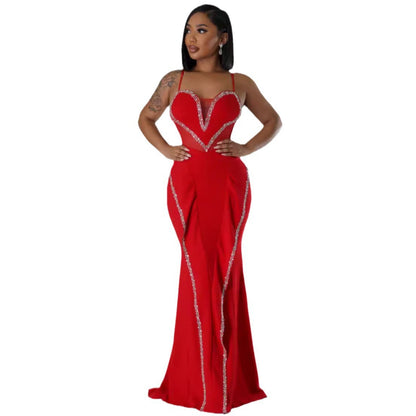 GY (S-2XL) K3161 rhinestone mesh see-through stitching lace hip spaghetti straps dress