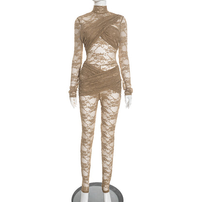 DZHT D25JP529 splicing see-through lace long sleeve tight one-piece trousers