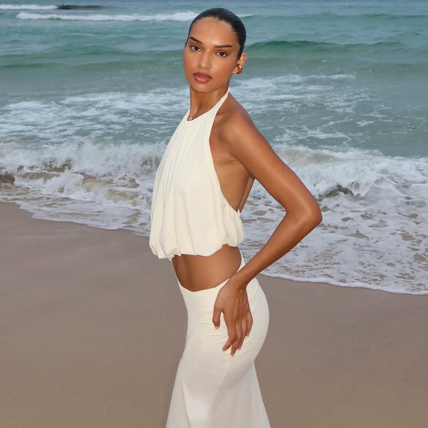 DLS summer halter backless solid color vest slim fit sexy split maxi dress suit