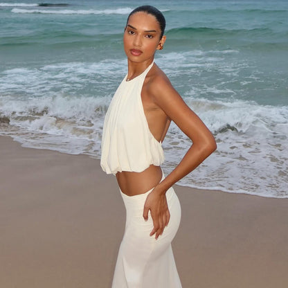 DLS summer halter backless solid color vest slim fit sexy split maxi dress suit