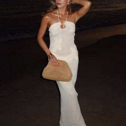 CYB hip skirt knitted dress floating flower halter lace-up beach dress