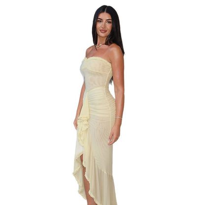 DLS 2026 spring ruffled stitching sexy tube top package hip split dress