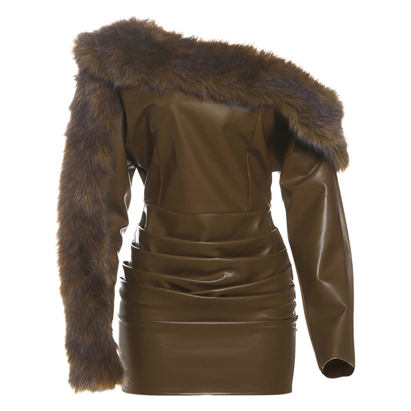 SXR fall winter fashion PU leather frayed waist sheath dress