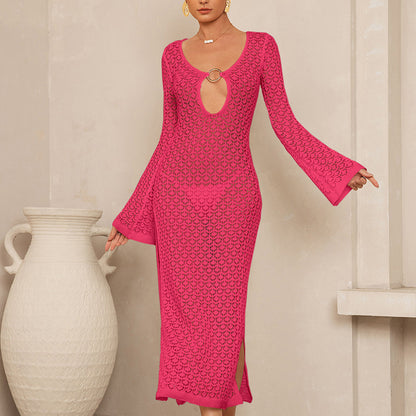 CYB side slit metal buckle V-neck flared sleeves beach sun protection backless blouse dress