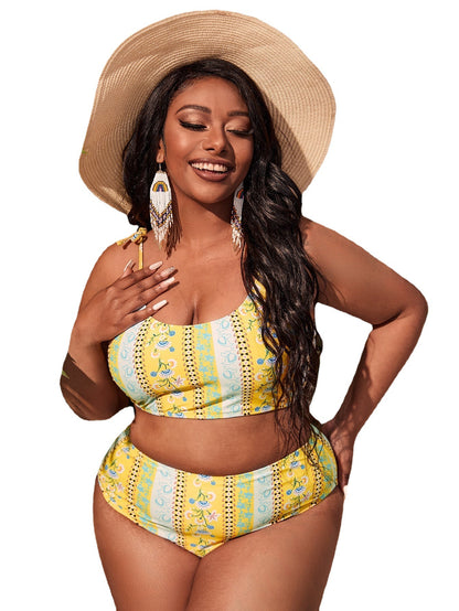LF (L-4XL) women's split color printing swimsuit plus size
