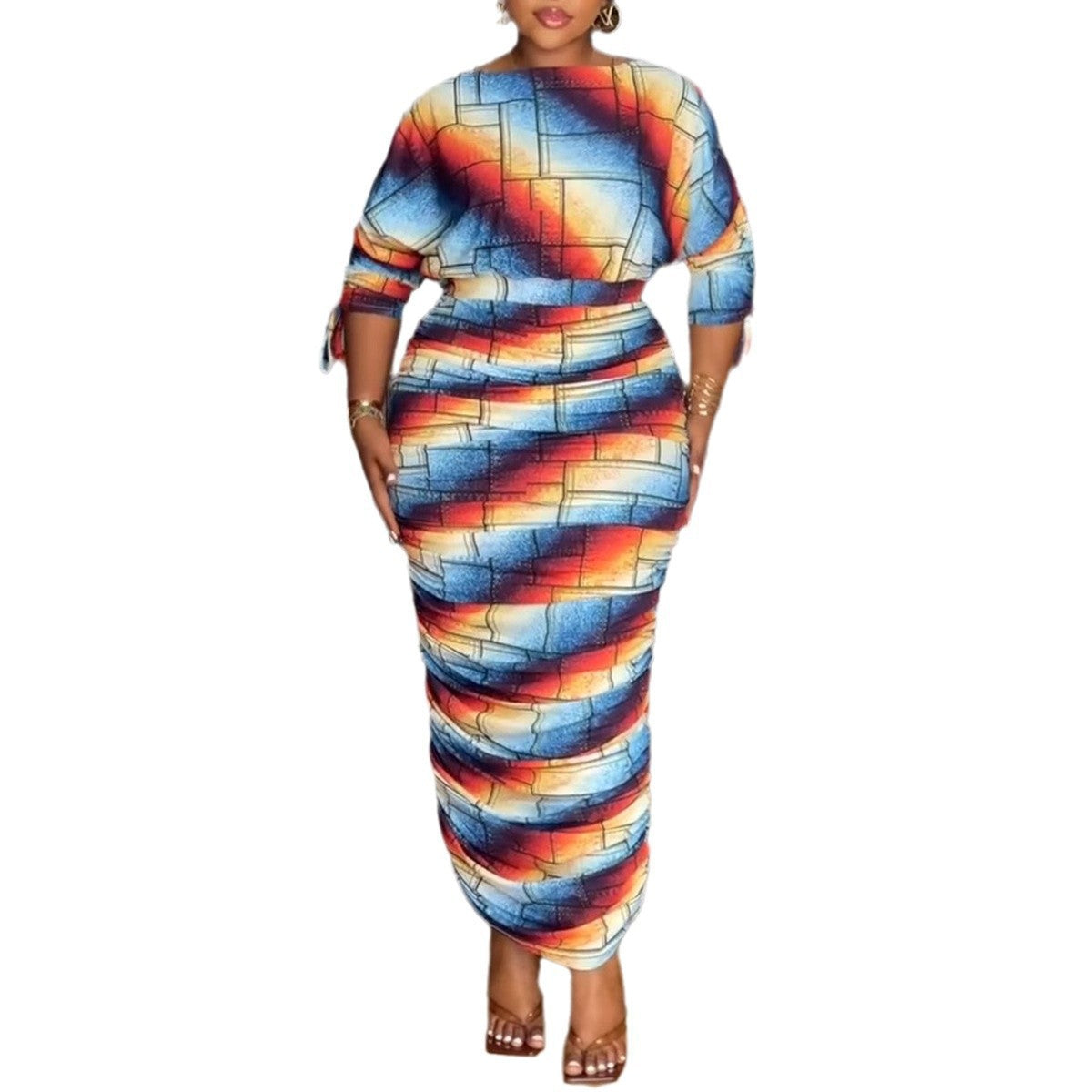 GY (S-3XL) S10910 printed pleating Raglan long sleeves skirt two-piece set