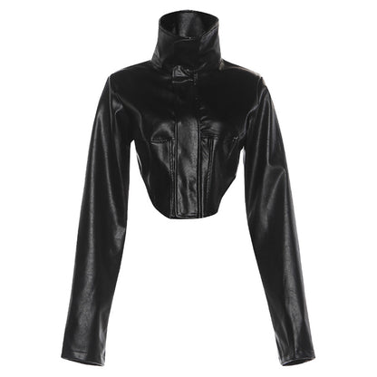 SXR autumn and winter slimming high collar solid color zipper short pu leather coat