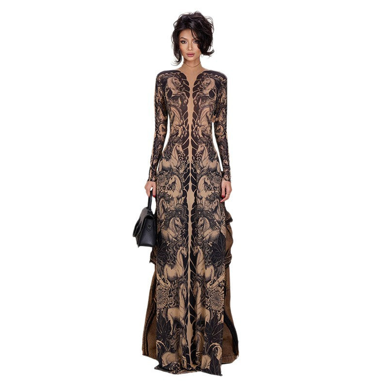 DLS Spring animal print long sleeve half turtleneck slim-fit slimming long top