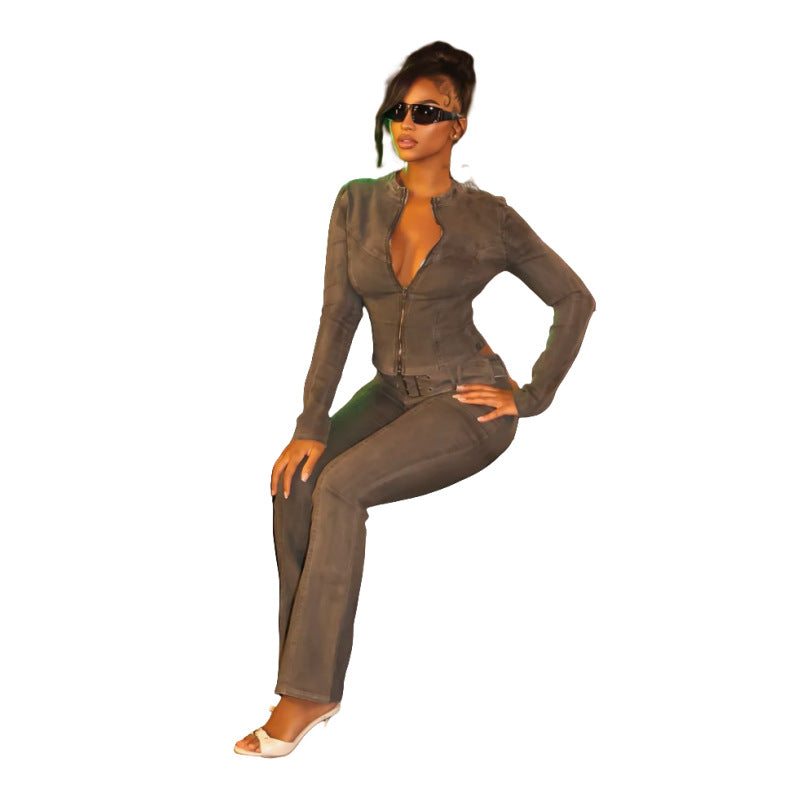 MZ (S-2XL) denim MZ88664 washed fried color trousers suit
