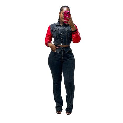 MZ (S-2XL) MZ88611 leather U denim stitching stretch trousers