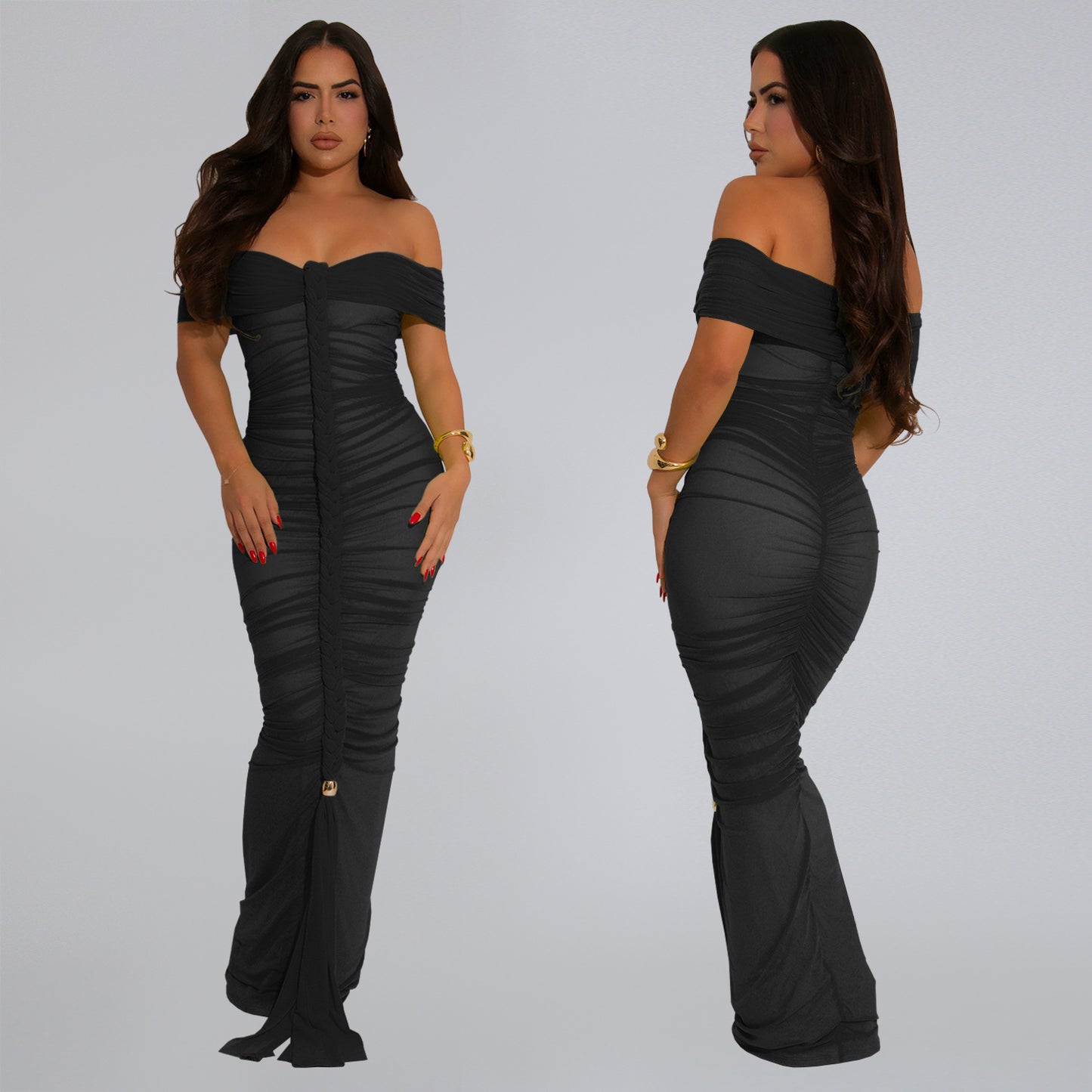 XYZ C7406 elegant mesh pleats slim-fit sheath dress