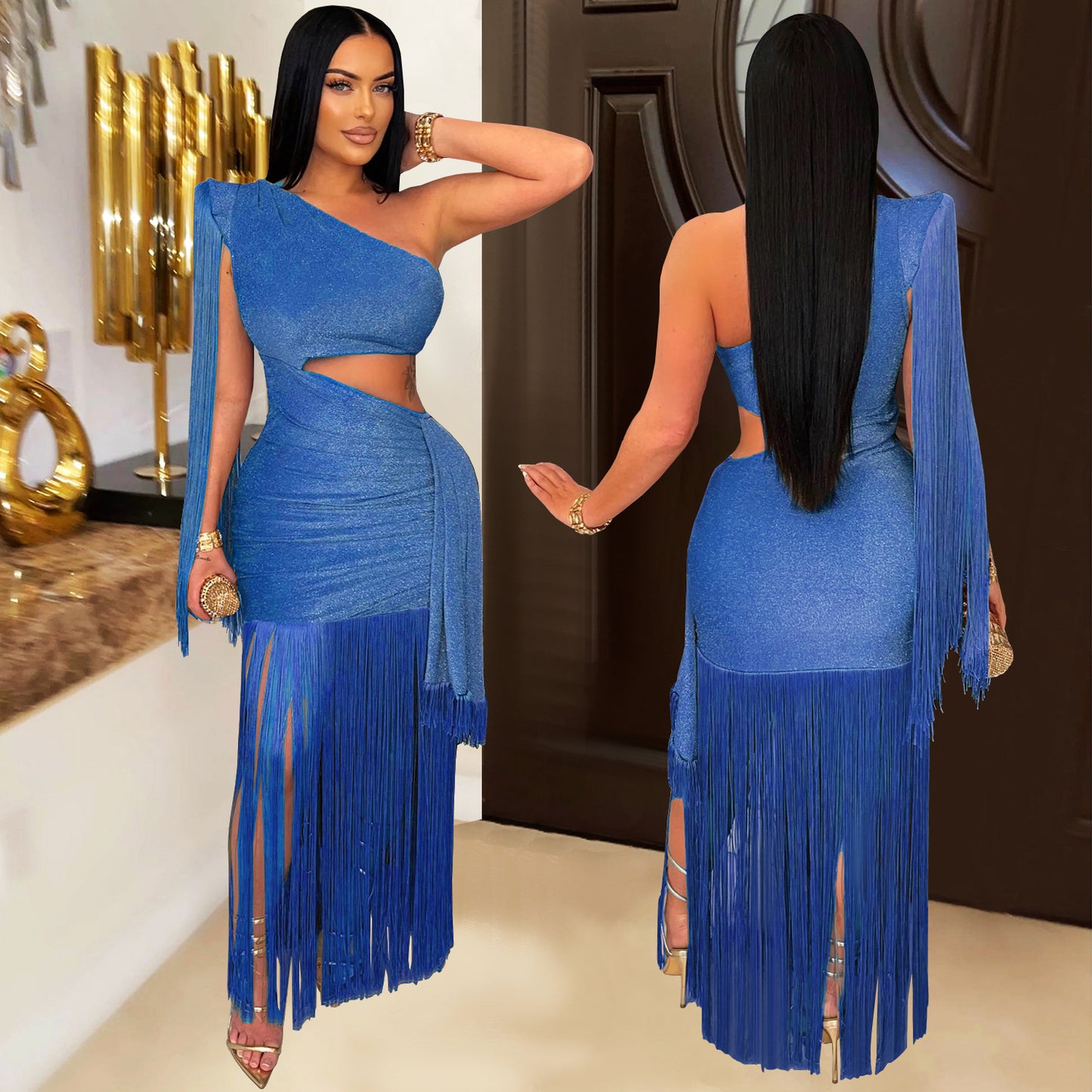 XYZ C7428 casual shoulder tassel maxi dress