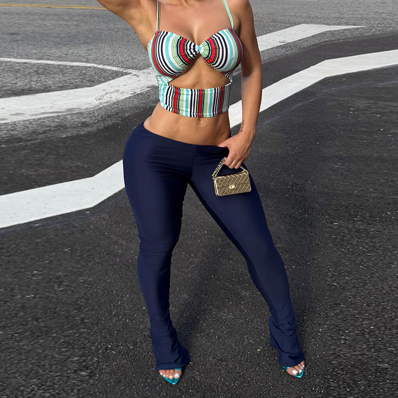 DZHT Q26ST132 striped printed cutout sling top pure color tight trousers two-piece suit
