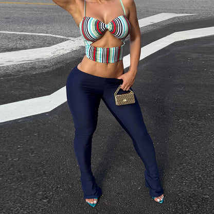 DZHT Q26ST132 striped printed cutout sling top pure color tight trousers two-piece suit