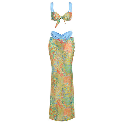 SXR spring printing color contrast tied top high waist skirt three-piece set