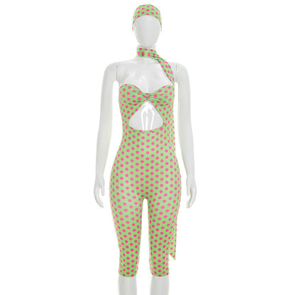 DZHT J26JP122 polka dot print halter ribbon backless tight cropped jumpsuit