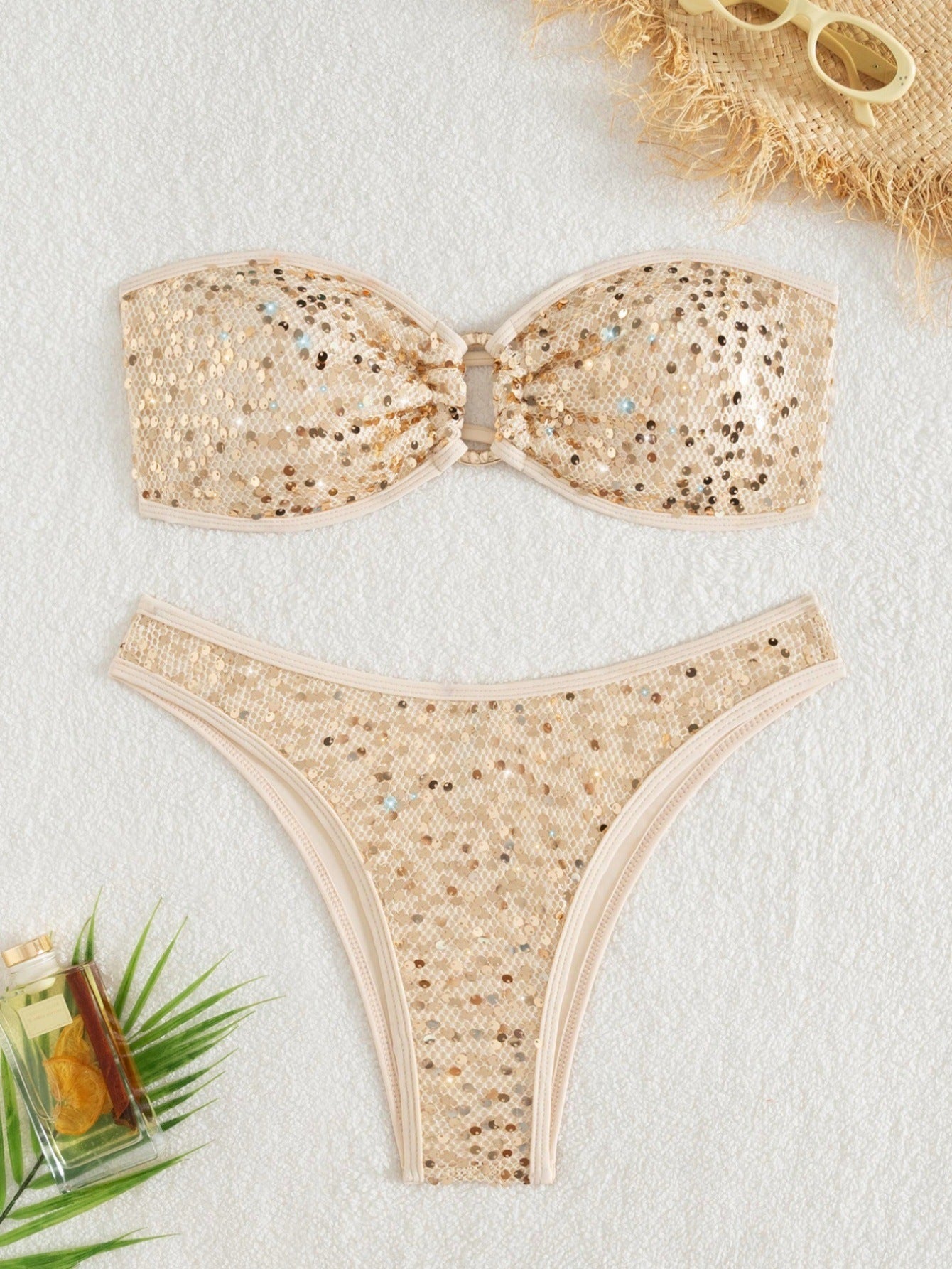 Split sequins pure color tube-top banded bikini
