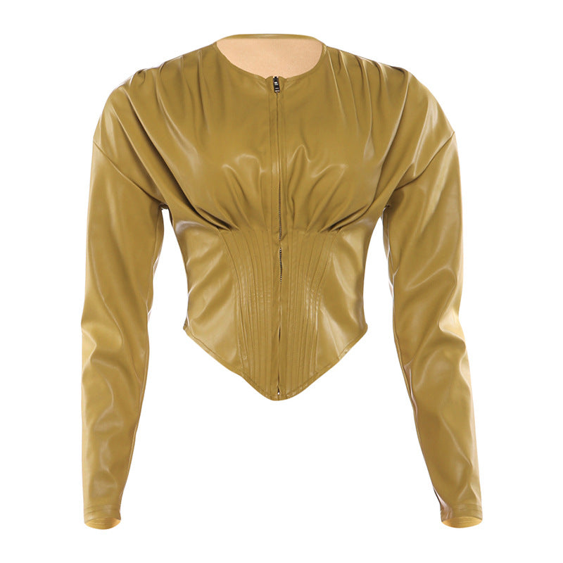 DLS Long-sleeve zipper round neck PU leather pleated slim short coat