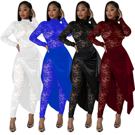 MYF (S-2XL) K10720 lace jumpsuit imitation silk skirt suit
