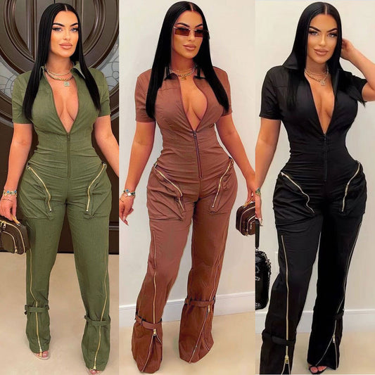 GY (S-2XL) K3172 summer zipper workwear with pocket jumpsuit