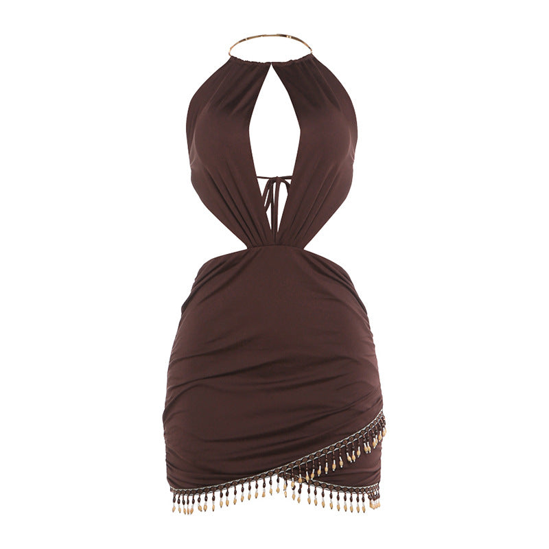DLS Spring halter sexy backless tassel stitching hip dress