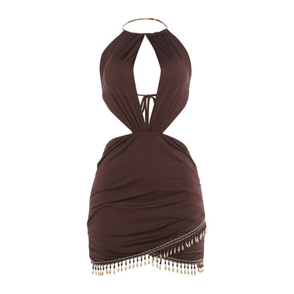 DLS Spring halter sexy backless tassel stitching hip dress