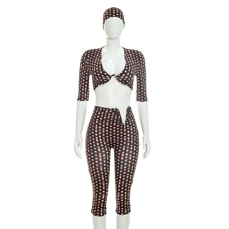 DZHT Y26ST229 deep V polka dot long sleeve slim fit hot girl printing suit