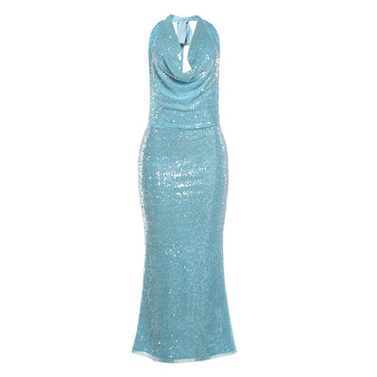 SXR winter sequined swing collar backless halter self-tie slit dress