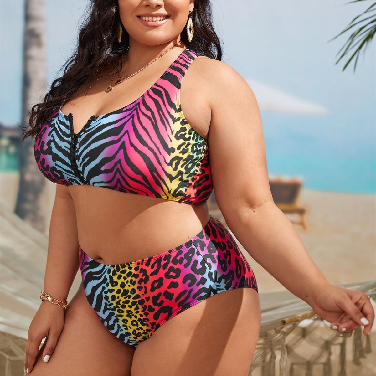 LF (L-4XL) 2026 swimsuit women's split leopard print plus size bikini