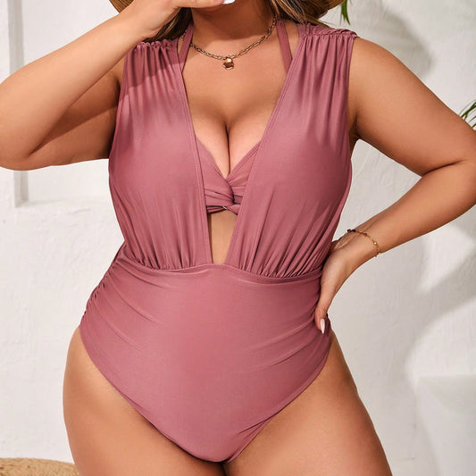 LF (L-4XL) 2026 plus size swimsuit high elastic polyester solid color two-piece suit