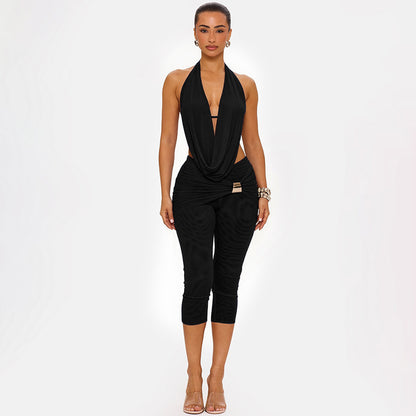 DZHT C26ST240 draped collar halter lace-up backless sling skinny knee length pants suit