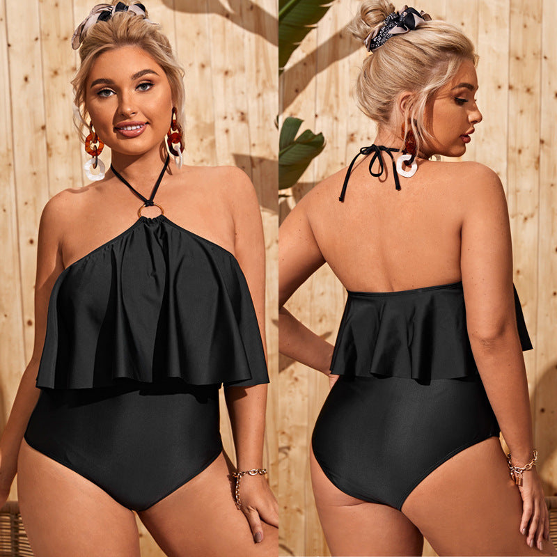 LF (L-4XL) women's one-piece black solid color sexy swimsuit plus size