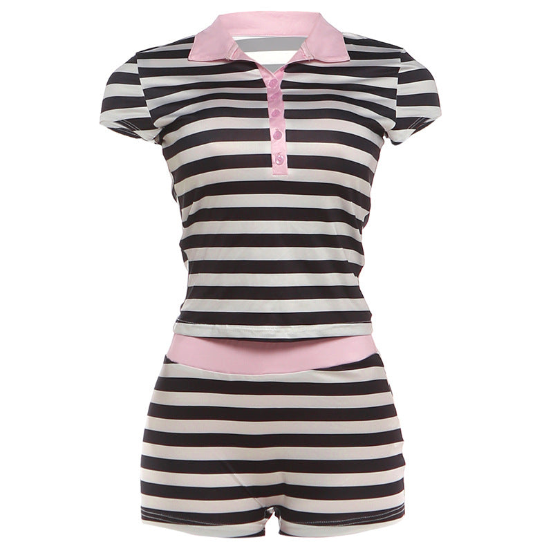 DLS summer stripes lapel T-shirt casual short sports suit