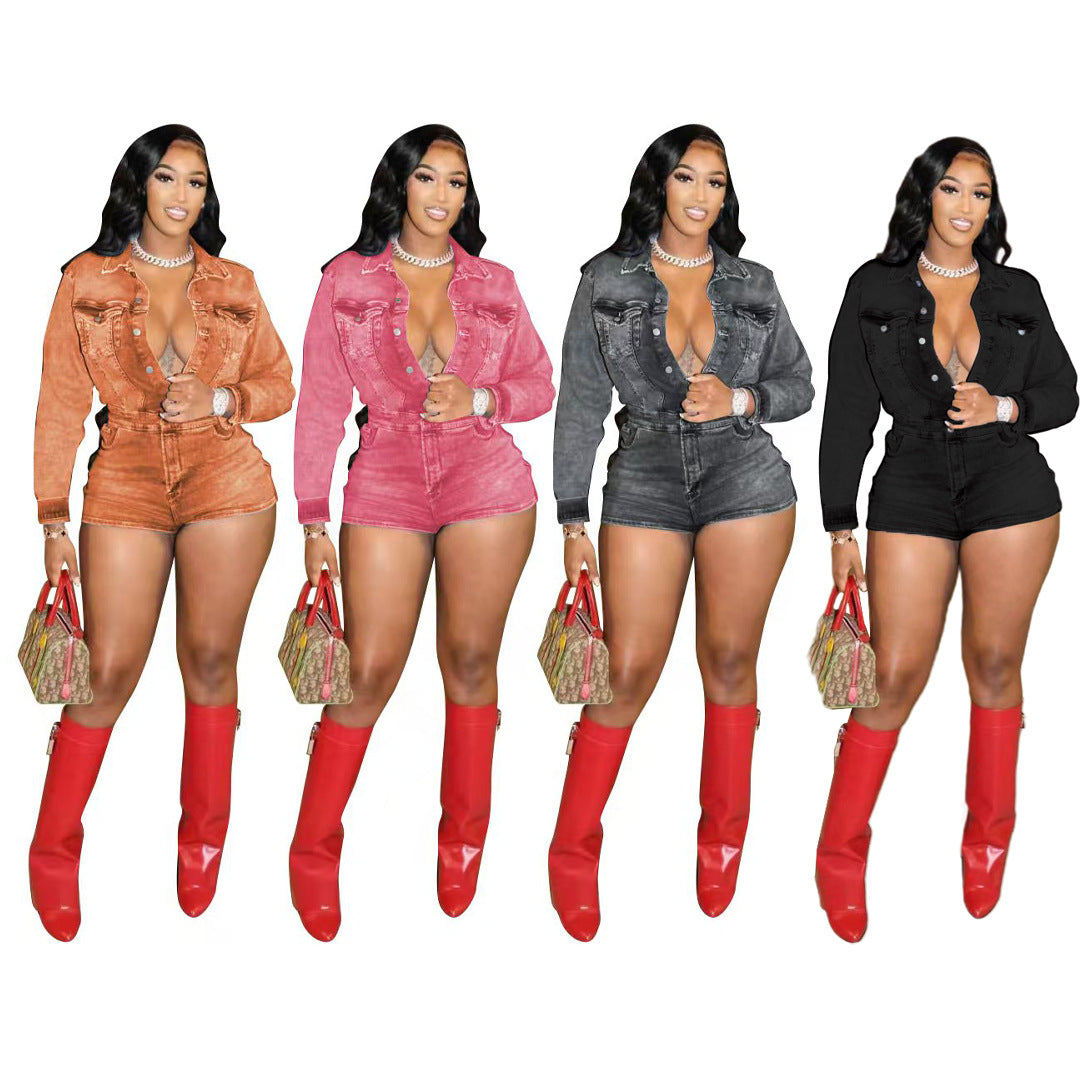 MZ (S-2XL) denim long sleeve stretch MZ88622 stretch one-piece shorts