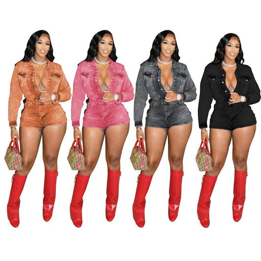 MZ (S-2XL) denim long sleeve stretch MZ88622 stretch one-piece shorts